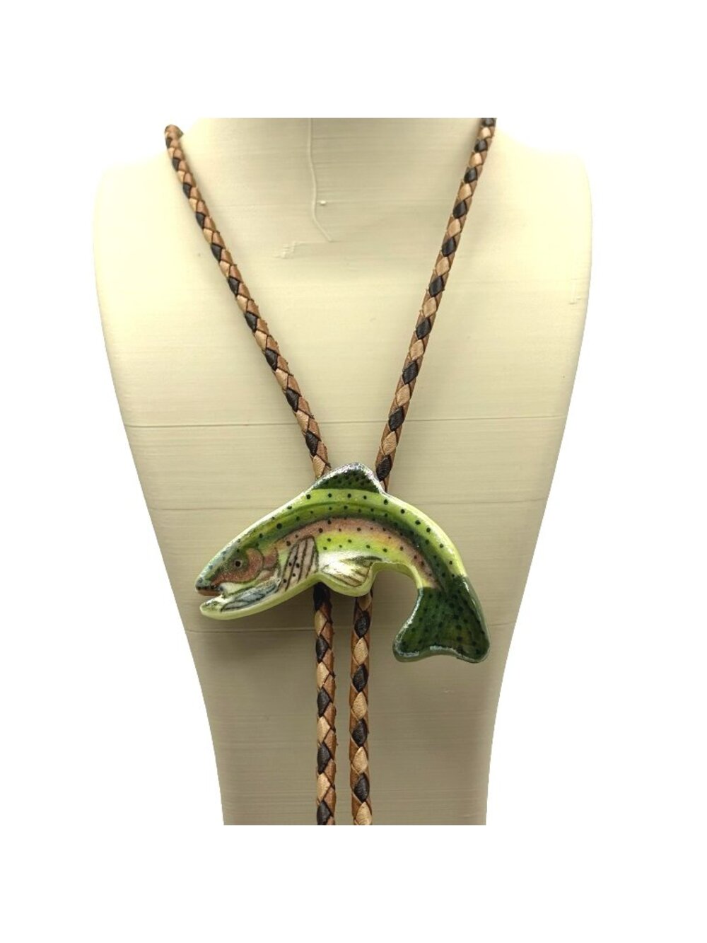 Ceramic Rainbow Trout Bolo Tie Braided Leather Cord Metal Tips Vintage Dad Gift